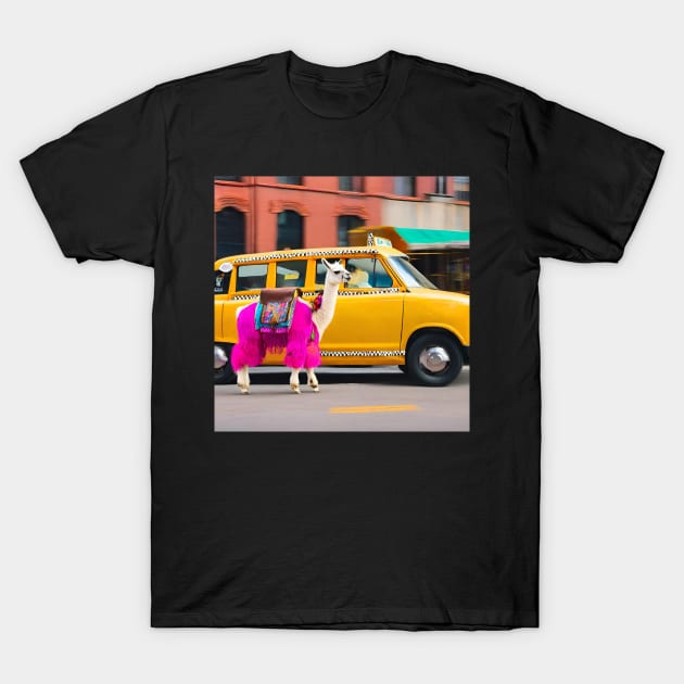 Llama Riding in Taxi Happy Llama T-Shirt by click2print